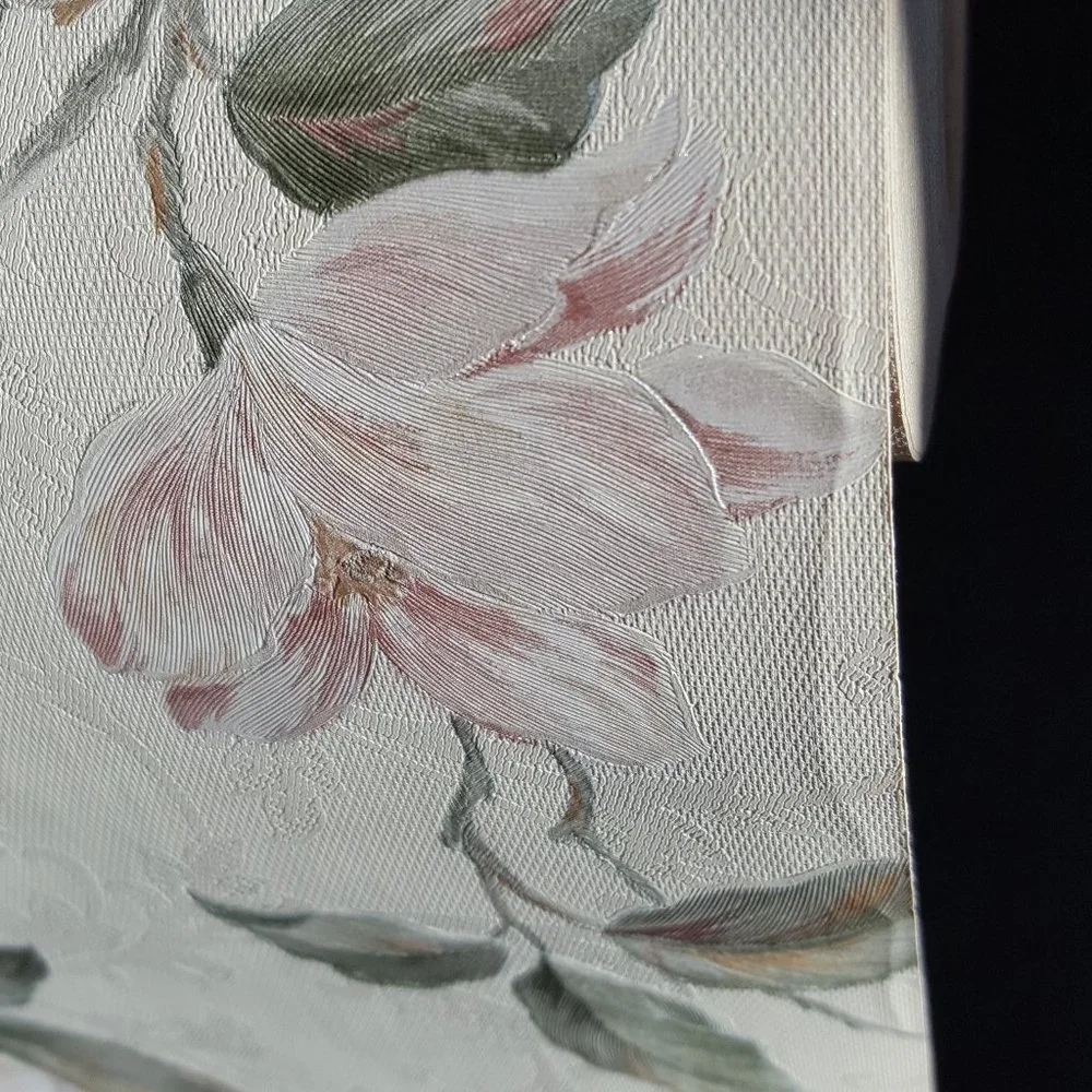 Vintage Vinyl Wallpaper Opalescent Rose w/Green Floral on Off-White *AS IS*